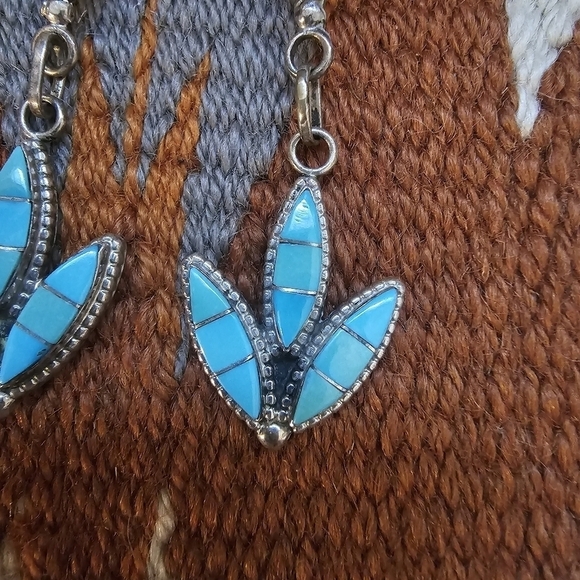 Large 2in Turquoise Sterling Inlayed Post Dangle Native American Earrings - Picture 2 of 7